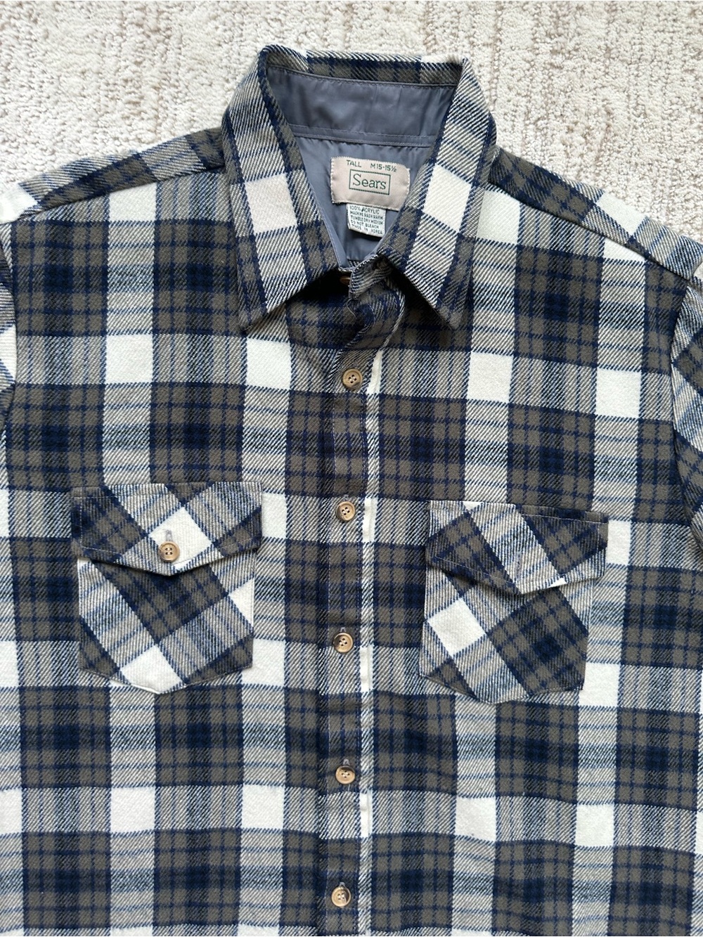 Vintage Sears Flannel Button Down Shirt MEDIUM TALL 15-15 1/2 Plaid 100% Acrylic - Picture 2 of 10